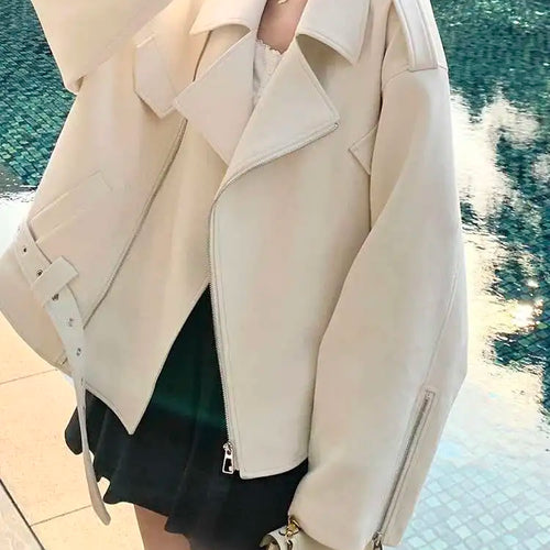 Load image into Gallery viewer, Beige Suede Belted Big Size Casual Jacket New Lapel Long Sleeve Women Coat Fashion Tide Spring Autumn 2025 1DH9701
