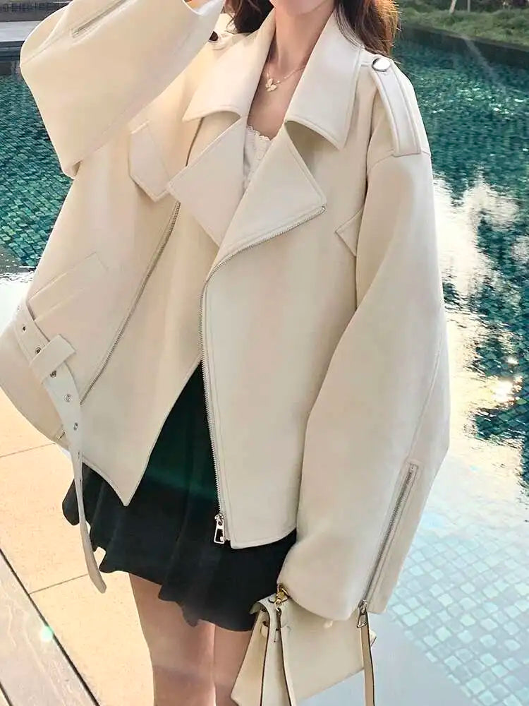 Beige Suede Belted Big Size Casual Jacket New Lapel Long Sleeve Women Coat Fashion Tide Spring Autumn 2025 1DH9701
