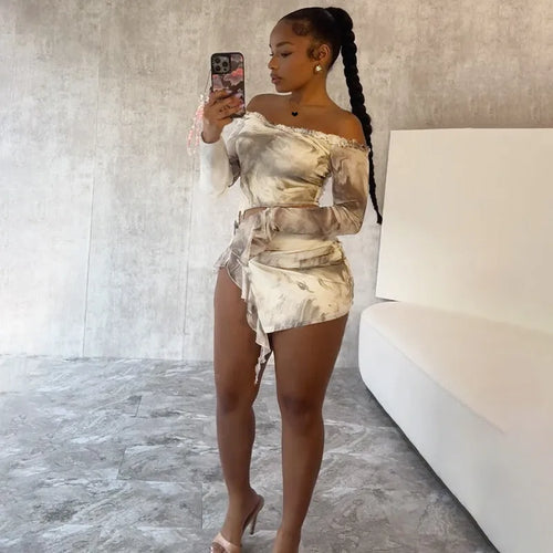 Load image into Gallery viewer, Hollow Out Print Sexy Mini Dress For Women Autumn New Off-shoulder Long Sleeve Bodycon Ruffled Slit Sexy Dress New
