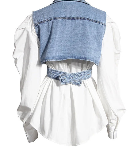 Women Blue Denim Irregular Blouse New Lapel Long Puff Sleeve Loose Fit Shirt Fashion Tide Spring Autumn 2025 1Z595