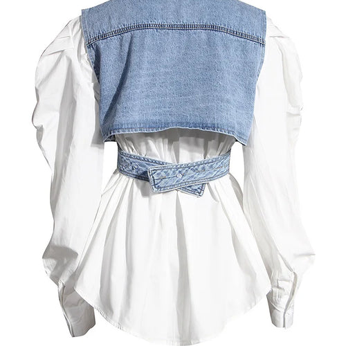 Load image into Gallery viewer, Women Blue Denim Irregular Blouse New Lapel Long Puff Sleeve Loose Fit Shirt Fashion Tide Spring Autumn 2025 1Z595
