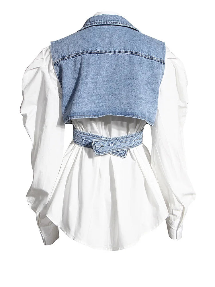 Women Blue Denim Irregular Blouse New Lapel Long Puff Sleeve Loose Fit Shirt Fashion Tide Spring Autumn 2025 1Z595