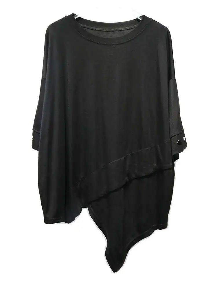 Women Black Irregular Hem Big Size Casual T-shirt New Round Neck Short Sleeve Fashion Tide Spring Summer 2025 1DJ0618