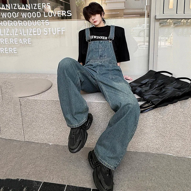 Men Denim Overalls American Style Washed Patchwork Large Pockets Solid Color Loose Male Jeans Retro Spring Trend 9C4886