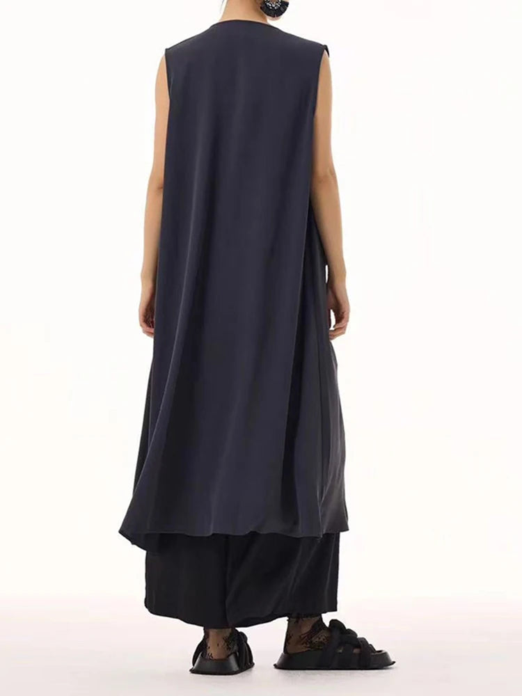 Women Black Zipper Pockets Spliced Big Size Midi Vest Dress New V-Neck Sleeveless Fashion Tide Spring Autumn 2025  1DJ1194