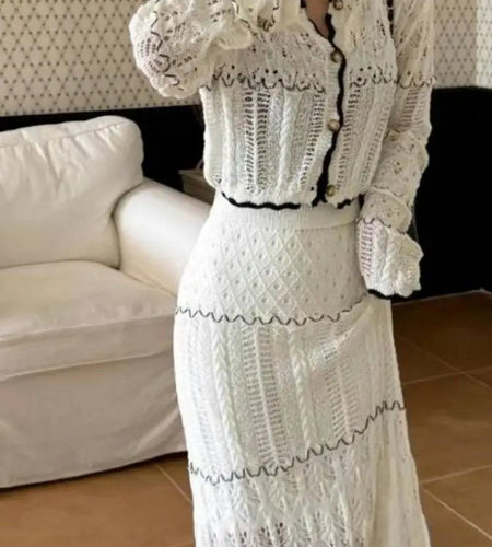 Summer White Patchwork Elegant Holiday Two Piece Set For Women 2025 Single Breasted Knitted Short Tops And High Waist Long Skirt