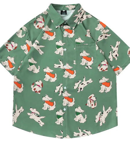 Hawaiian Shirts Cartoon Dog Graphic Printed Beach Blouse Harajuku Baggy Button Up Short Sleeve Shirt Hip Hop Casual Summer Tops