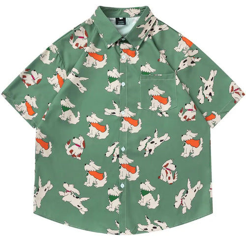 Hawaiian Shirts Cartoon Dog Graphic Printed Beach Blouse Harajuku Baggy Button Up Short Sleeve Shirt Hip Hop Casual Summer Tops