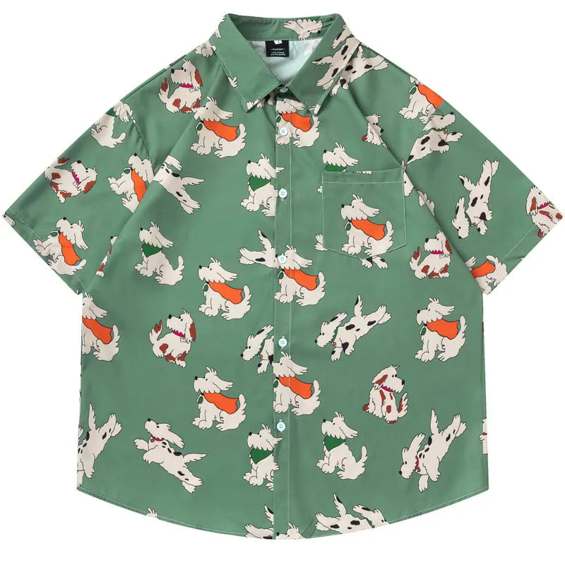 Hawaiian Shirts Cartoon Dog Graphic Printed Beach Blouse Harajuku Baggy Button Up Short Sleeve Shirt Hip Hop Casual Summer Tops