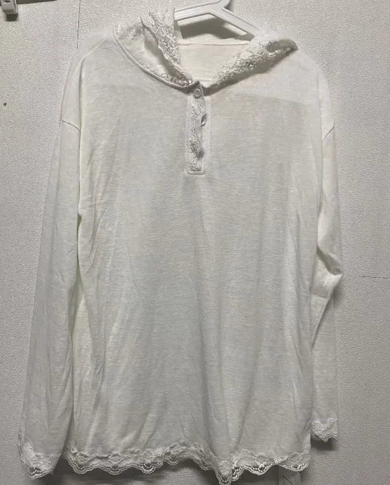 Korean T Shirts Women's Clothes Patchwork Lace Hooded Long Sleeve Loose Tees Y2k Tops Casual Fashion Tshirts 2024 Ropa Mujer