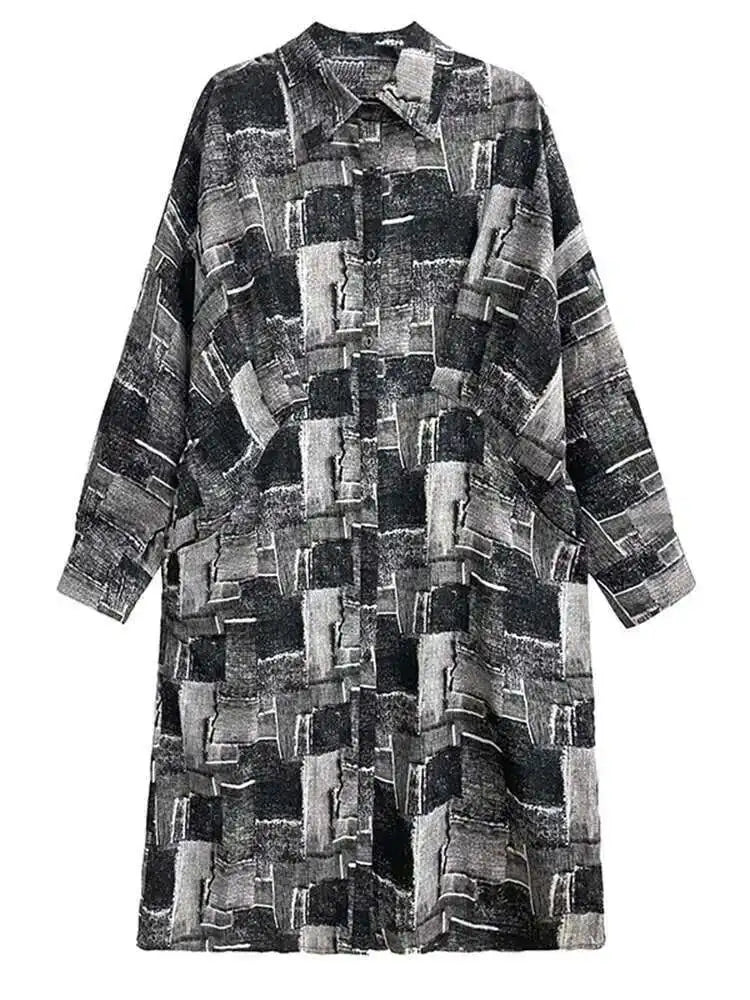 Women Black Pattern Printed Pocket Big Size Midi Shirt Dress New Lapel Long Sleeve Fashion Tide Spring Autumn 2025 1DH4102