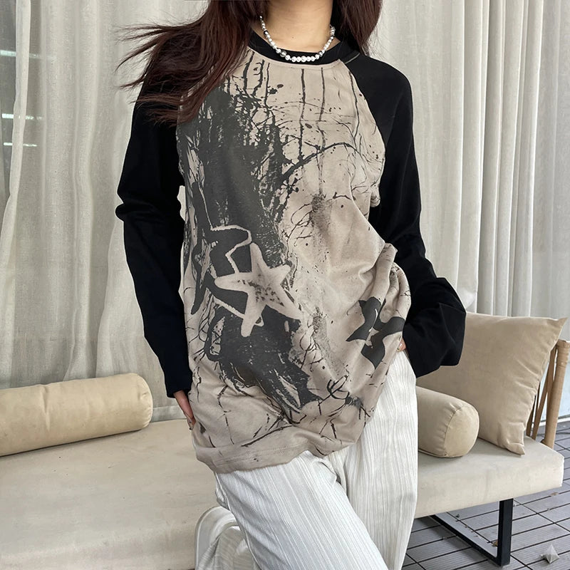 Harajuku Y2K Japanese Oversized T-shirt Women Tie Dye Star Top Vintage Grunge Pullover Autumn Clothes Raglan Sleeve