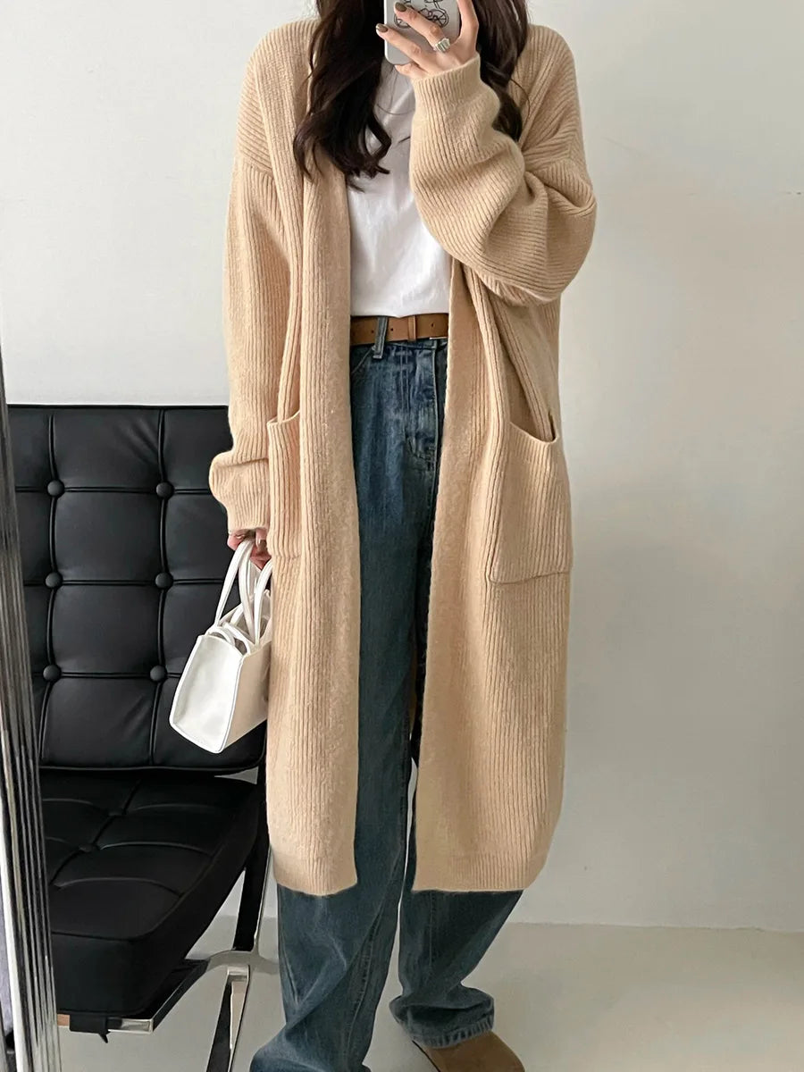 Fall Winter Chic Casual Cardigan Multi Colors Long Coat Loose V Neck Solid Color Long Knitwear Daily Solid Clothes C-255