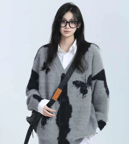 Y2k Aesthetic Butterfly Jacquard Knitted Cardigan Women Vintage Single Breasted Jacket Harajuku Loose Sweater Coat Streetwear