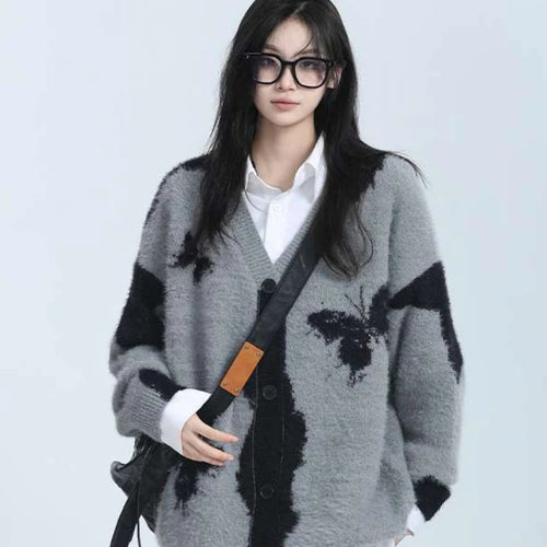 Load image into Gallery viewer, Y2k Aesthetic Butterfly Jacquard Knitted Cardigan Women Vintage Single Breasted Jacket Harajuku Loose Sweater Coat Streetwear
