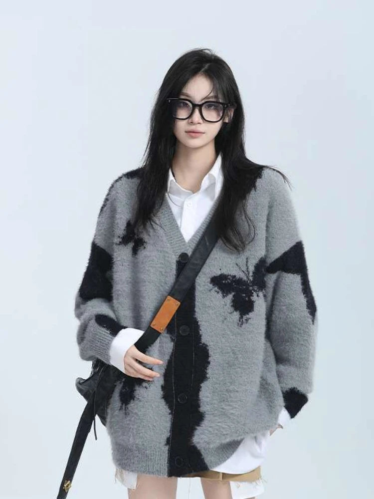 Y2k Aesthetic Butterfly Jacquard Knitted Cardigan Women Vintage Single Breasted Jacket Harajuku Loose Sweater Coat Streetwear