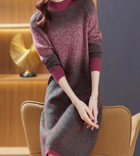 Green Gradient Loose Oversized Midi Knitted Dress Women Red Patchwork Long Sleeve Autumn Winter Thick Temperament Sweater Dress