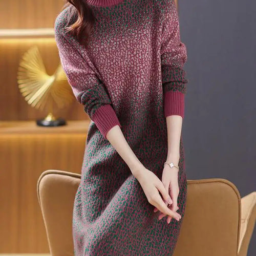 Load image into Gallery viewer, Green Gradient Loose Oversized Midi Knitted Dress Women Red Patchwork Long Sleeve Autumn Winter Thick Temperament Sweater Dress
