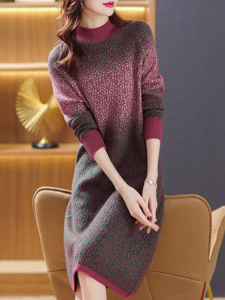 Green Gradient Loose Oversized Midi Knitted Dress Women Red Patchwork Long Sleeve Autumn Winter Thick Temperament Sweater Dress