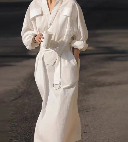 Solid Sheer Spliced Lace Up Casual Dresses for Women V Neck Long Sleeves Patchwork Pockets Fashion Dress Female New