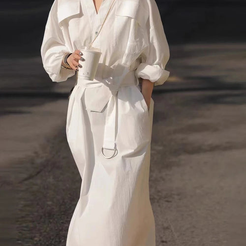 Load image into Gallery viewer, Solid Sheer Spliced Lace Up Casual Dresses for Women V Neck Long Sleeves Patchwork Pockets Fashion Dress Female New
