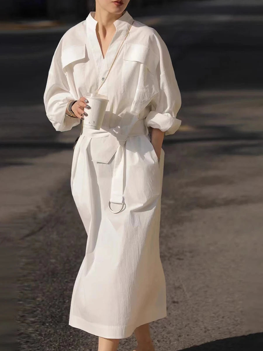 Solid Sheer Spliced Lace Up Casual Dresses for Women V Neck Long Sleeves Patchwork Pockets Fashion Dress Female New