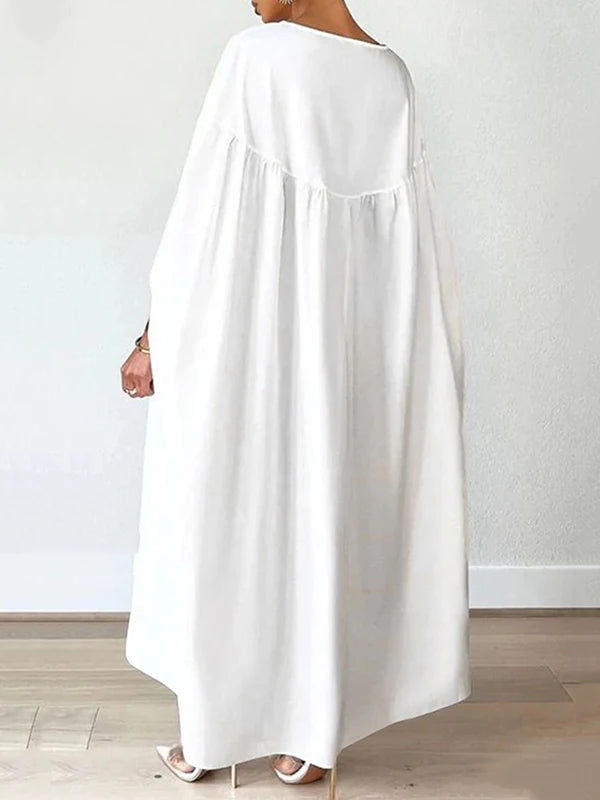 Women’s Oversieze Batwing Sleeves Simple White Maxi Dresses Autumn Spring Casual Round-neck Loose Muslim Woman Dresses