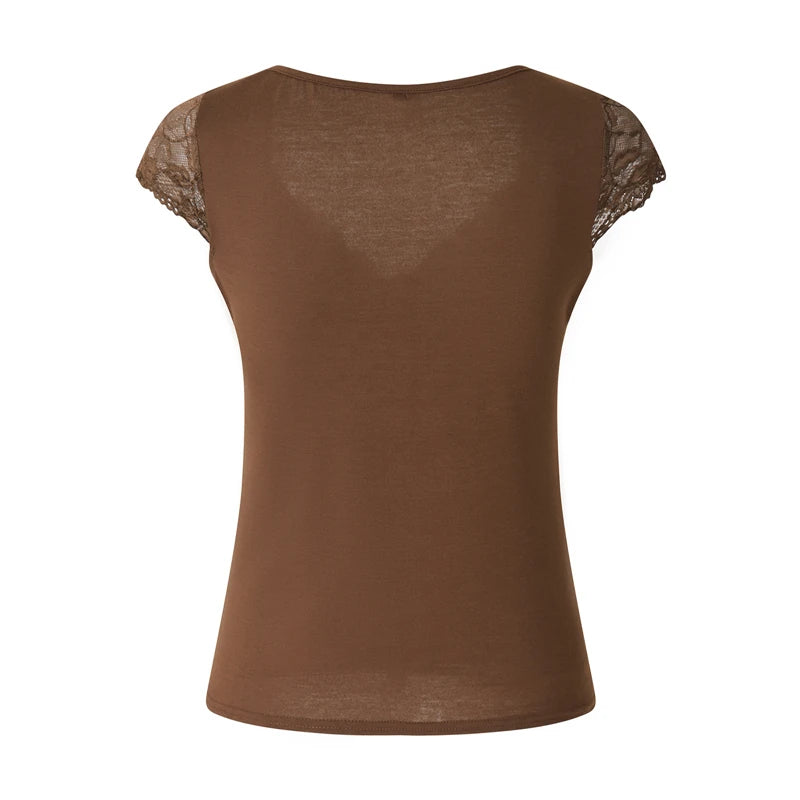 Brown Lace Crop Tops Vintage Aesthetic Women V Neck Short Sleeve T Shirt y2k Fairy Grunge Clothes 2000s Streetwear