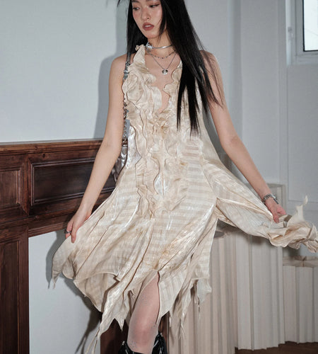 Women Apricot Printed Ruffles Irregular Backless Mini Dress New Halter Sleeveless Fashion Tide Spring Summer 2025 1DJ1462