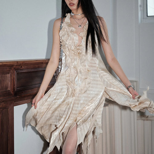 Load image into Gallery viewer, Women Apricot Printed Ruffles Irregular Backless Mini Dress New Halter Sleeveless Fashion Tide Spring Summer 2025 1DJ1462
