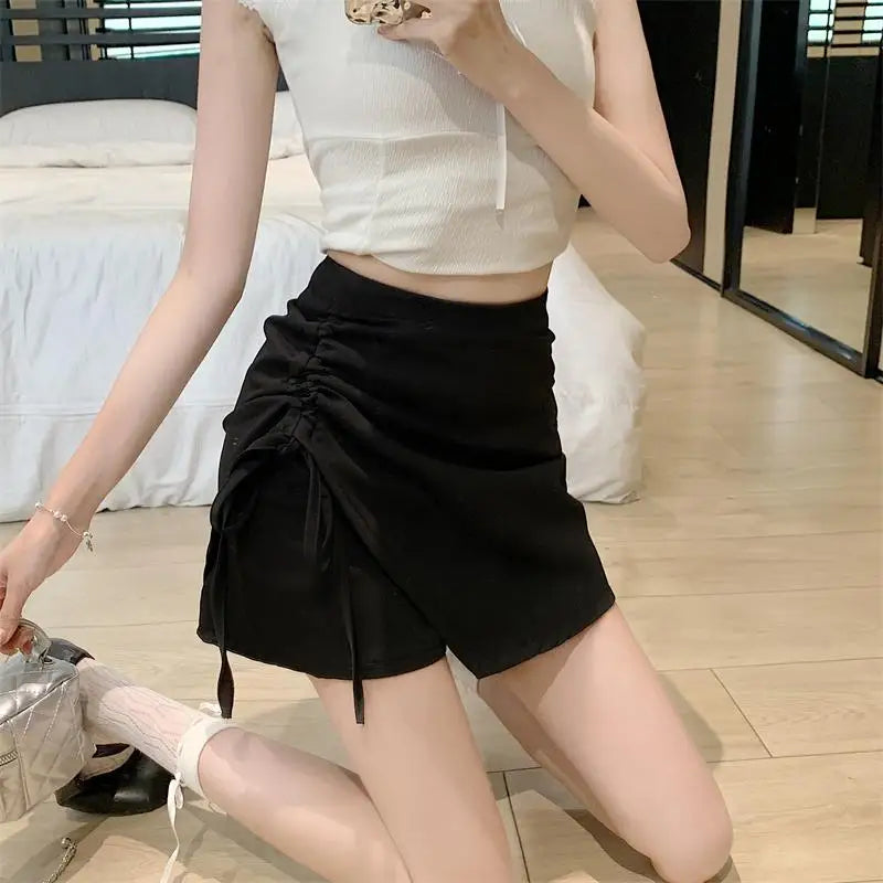 Spring Summer Black Slim Irregular Long Skirts Women Brown Grey High Waist Elegant Drawstring Lace-up Pleated Skirt Streetwear