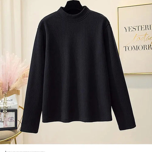 Load image into Gallery viewer, Korean Version New Black Brown Velvet Cotton Round Neck T Shirt Autumn Winter Women Yellow Slim Long Sleeve Plus Size Tops Thick
