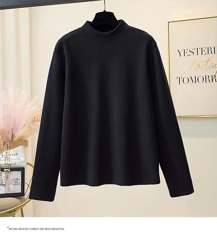 Korean Version New Black Brown Velvet Cotton Round Neck T Shirt Autumn Winter Women Yellow Slim Long Sleeve Plus Size Tops Thick