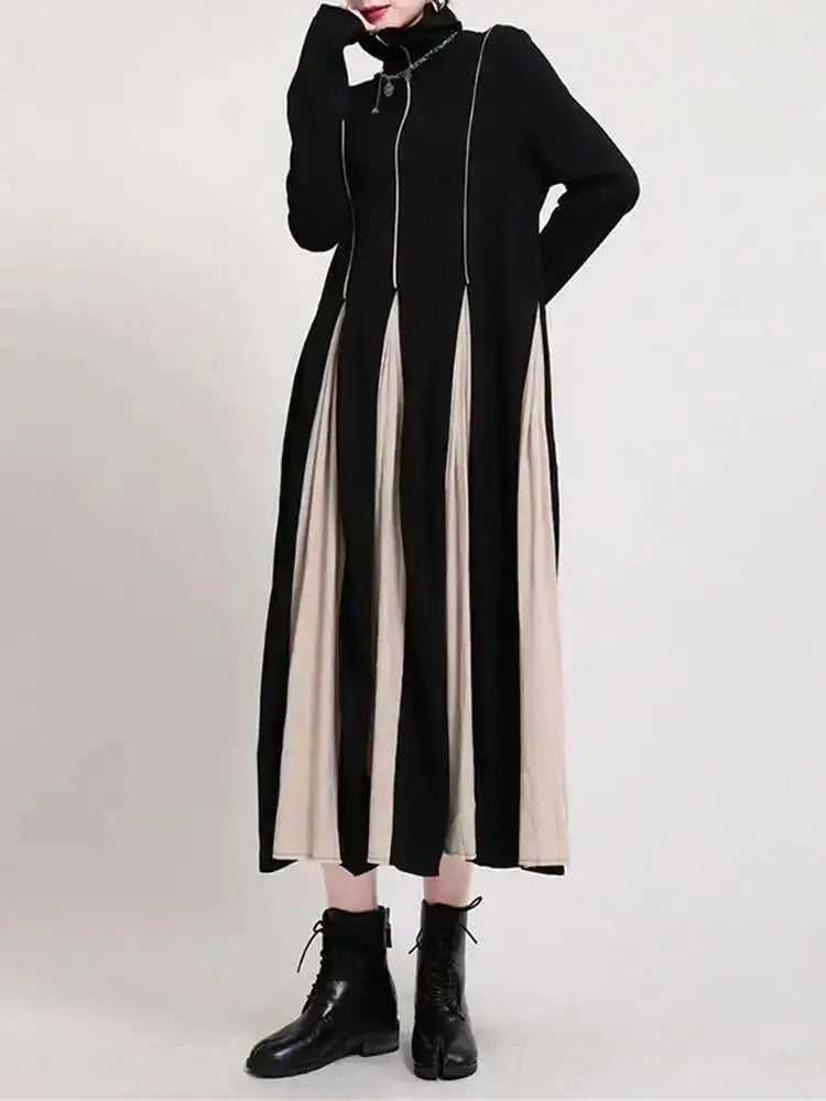 Women Black White Contrast Color Long Dress New Turtleneck Long Sleeve Loose Fit Fashion Tide Autumn Winter 2025  1DD2153