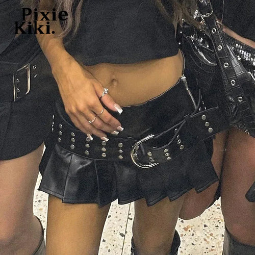 Load image into Gallery viewer, Cyberpunk Buckle Studded Belted PU Leather Skirt Black Low Rise Slit Pleated Mini Skirt Y2k Trendy Clothes P67-EG23
