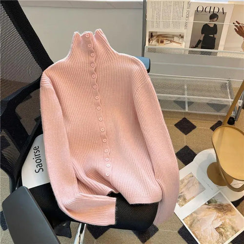 Load image into Gallery viewer, Women Beige Elegant Knitted Half High Neck Sweater Autumn Winter Pink Basic Slim Single Breasted Pullovers Tops Simplicity Retro
