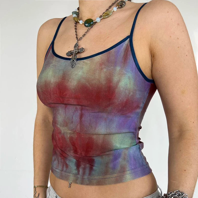 Vintage Grunge Tie Dye Strap Camis Tops Y2K Aesthetic Slim Summer Crop Top Female Digital Printing Party Sleeveless