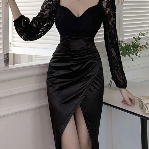 Load image into Gallery viewer, Sexy Black Lace Dresses Elegant Formal Prom Evening Party Vintage Retro Bodycon Long Sleeve Split Dress

