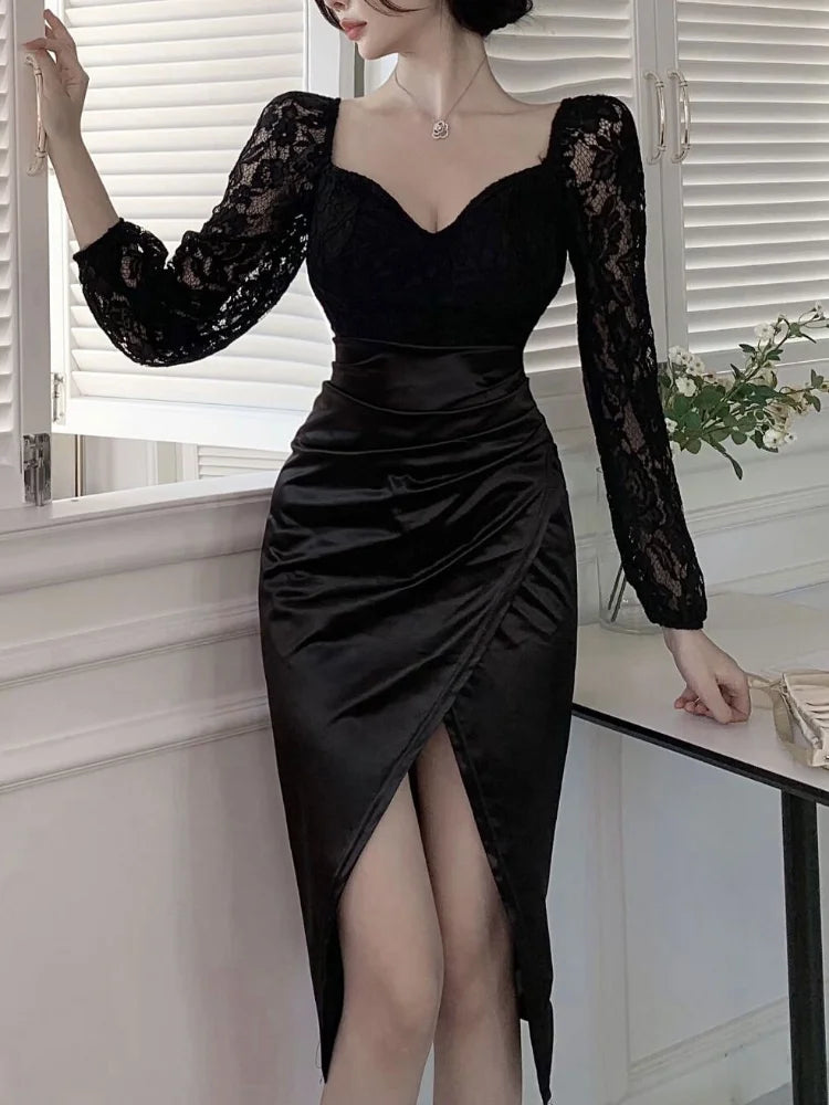 Sexy Black Lace Dresses Elegant Formal Prom Evening Party Vintage Retro Bodycon Long Sleeve Split Dress