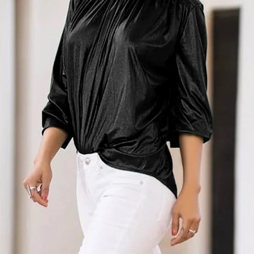 Load image into Gallery viewer, Women Shiny Shirt Blouse 2025 Spring Summer Three-quarter Sleeves High-neck Casual Green Black Tee Shirt Tops for Lady
