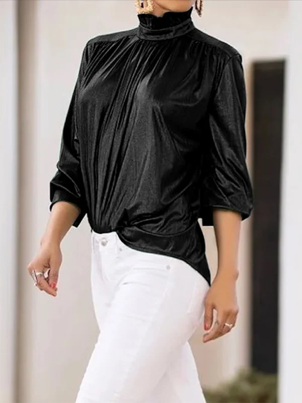 Women Shiny Shirt Blouse 2025 Spring Summer Three-quarter Sleeves High-neck Casual Green Black Tee Shirt Tops for Lady