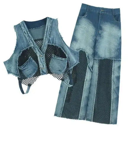 Big Size Denim Vest Wide Leg Pants Two Piece Suit New V-Neck Sleeveless Women Fashion Tide Spring Autumn 20251DH9963