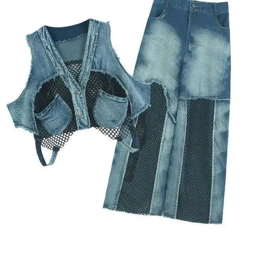 Load image into Gallery viewer, Big Size Denim Vest Wide Leg Pants Two Piece Suit New V-Neck Sleeveless Women Fashion Tide Spring Autumn 20251DH9963
