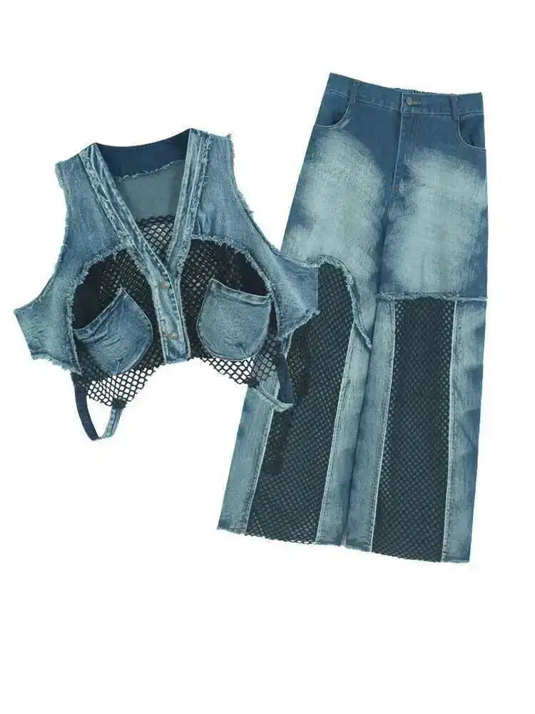 Big Size Denim Vest Wide Leg Pants Two Piece Suit New V-Neck Sleeveless Women Fashion Tide Spring Autumn 20251DH9963