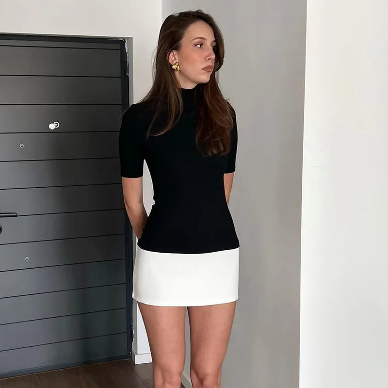 Sexy Half High Collar Half Sleeve Patchwork Mini Dress Women Slim Elegant High Waist Dress Streetwear Female Clothes