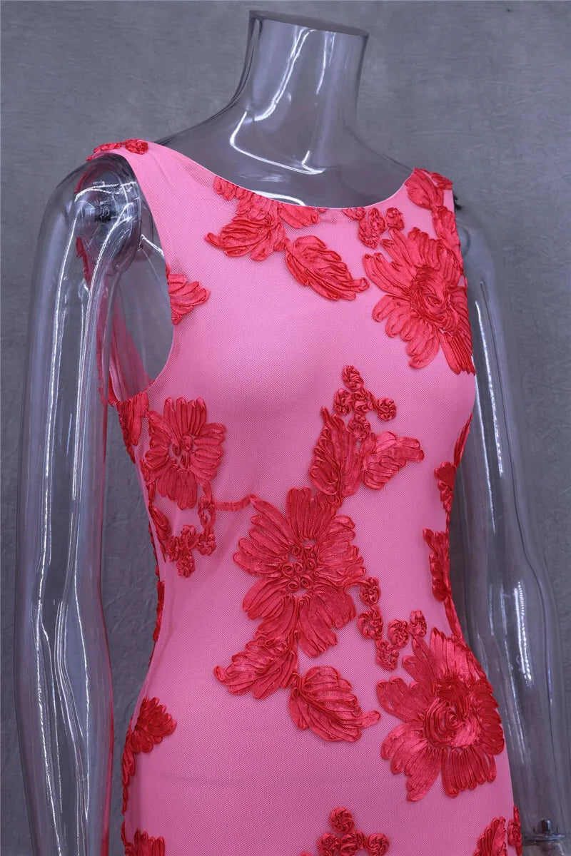 Elegant Floral Print Sexy Maxi Dress For Women Embroidered Applique Tank Dress Femme Bodycon Club Party Long Dress