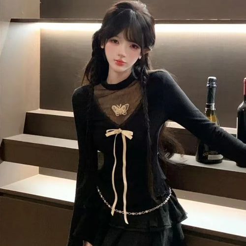 Load image into Gallery viewer, Harajuku Vintage Fairy Lace Patchwork Tees Y2k Aesthetic Slim Fit Women Sexy Butterfly T-shirt Streetwear Grunge Black Tshirts
