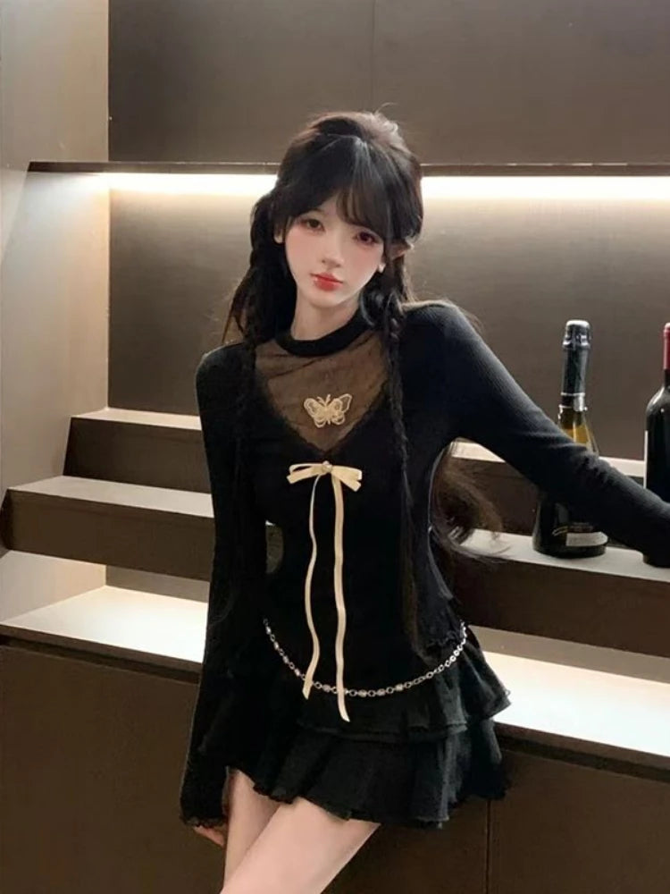 Harajuku Vintage Fairy Lace Patchwork Tees Y2k Aesthetic Slim Fit Women Sexy Butterfly T-shirt Streetwear Grunge Black Tshirts