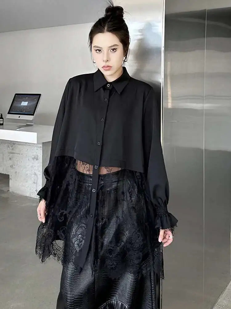 Women White Lace Perspective Big Size Long Blouse New Lapel Long Sleeve Shirt Fashion Tide Spring Autumn 2025 1DH9131