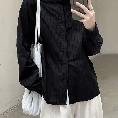 Load image into Gallery viewer, Women Black Striped Vintage Big Size Blouse New Stand Collar Long Sleeve Shirt Fashion Tide Spring Autumn 2025 1DH8363
